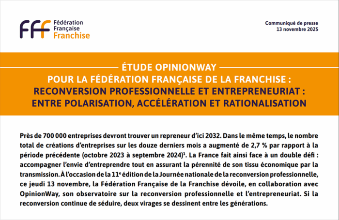 La Fédération Française de la Franchise vient de dévoiler une nouvelle étude réalisée par l’institut OpinionWay