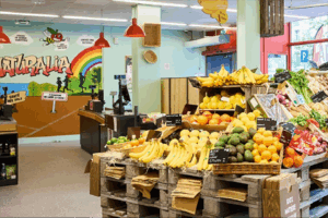 Intérieur de magasin bio au concept La Ferme Naturalia